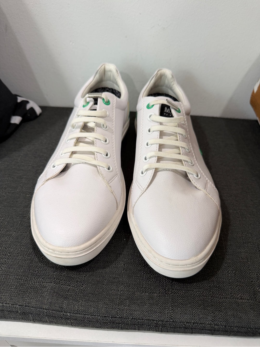 Madden Men's White Leather Low-Top Sneakers with Green Accents